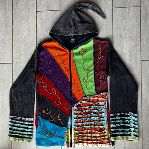 SHOP THERAPY Boho Patchwork Zip Up Hoodie L/XL Hippie Peace Sign Colorful Rave